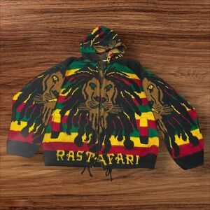 Rasta Reggae Hooded Cardigan Lion Knit RastaFari Full Zip Sweater